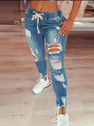 Woochic jean crayon déchiré troué coulisse taille femme pantalons bleu